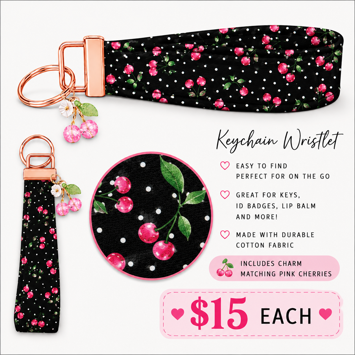 Cherry On Top Fabric Keychain Wristlet